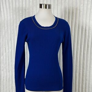 NWT Elie Tahari Merino wool cobalt blue chain embellished collar rib  sweater M